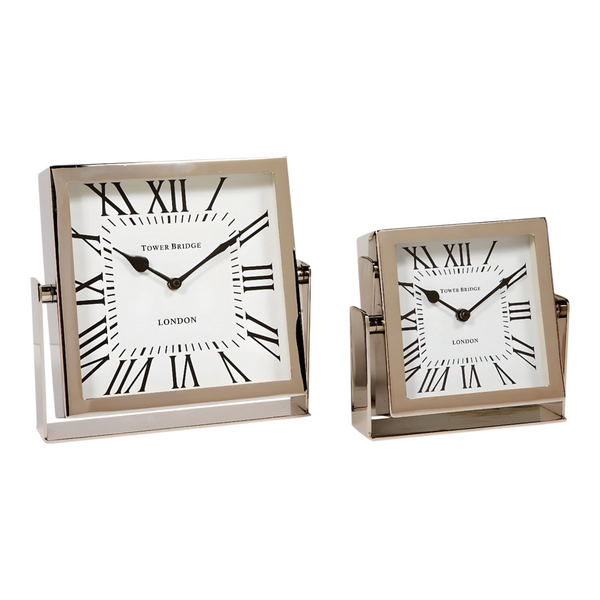 Small Silver Plated Square Tower Bridge London Mantel Clock with White Face