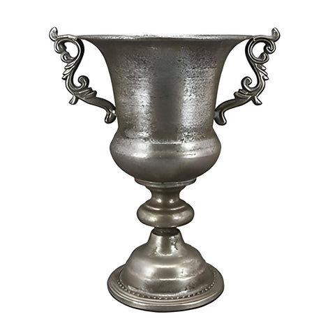 Large Brushed Antique Silver Rustic Urn Trophy Vase & Ornate Handles