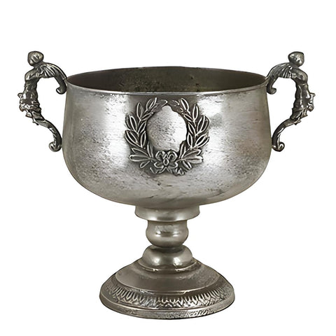 Large Brushed Antique Silver Rustic Urn Ice Bucket with Emblem & Ornate Handles