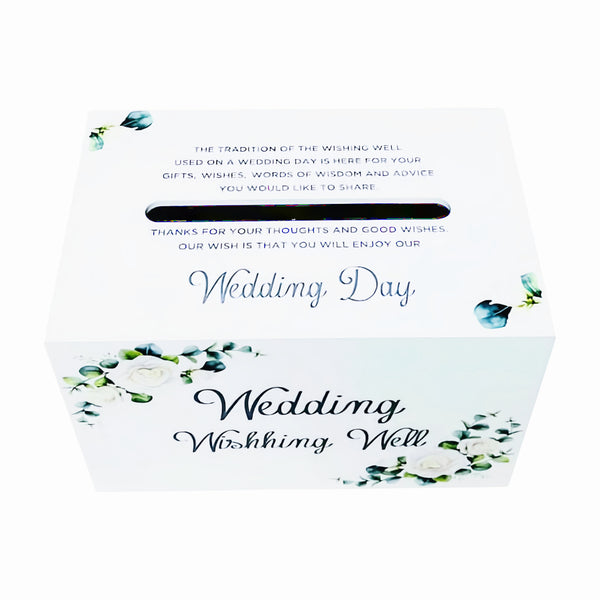 White Wooden Rectangle Floral Design Wedding Wishing Well Box