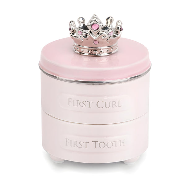 Pink Baby Girl Princess Crown First Tooth & First Curl Keepsake Trinket Box