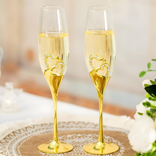 Set 2 Gold Champagne Glass Flutes & Binding Crystal Diamante Double Hearts