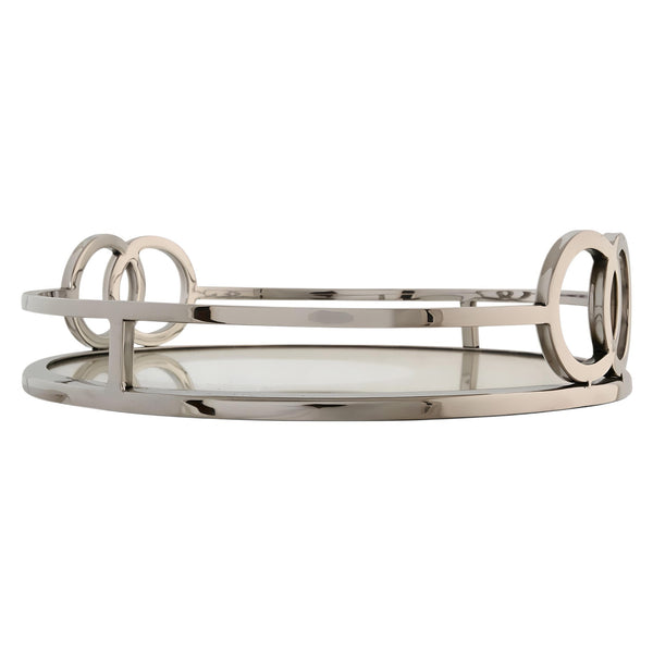 Large Silver Plated Round Decorative Deluxe Buckle Mirror Tray
