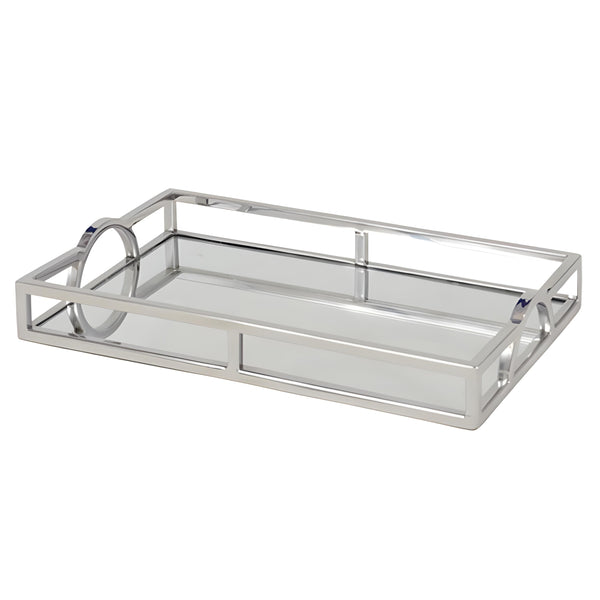 Silver Plated Rectangle Decorative Deluxe Mirror Tray with Arch Handles