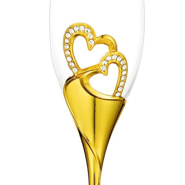 Set 2 Gold Champagne Glass Flutes & Binding Crystal Diamante Double Hearts