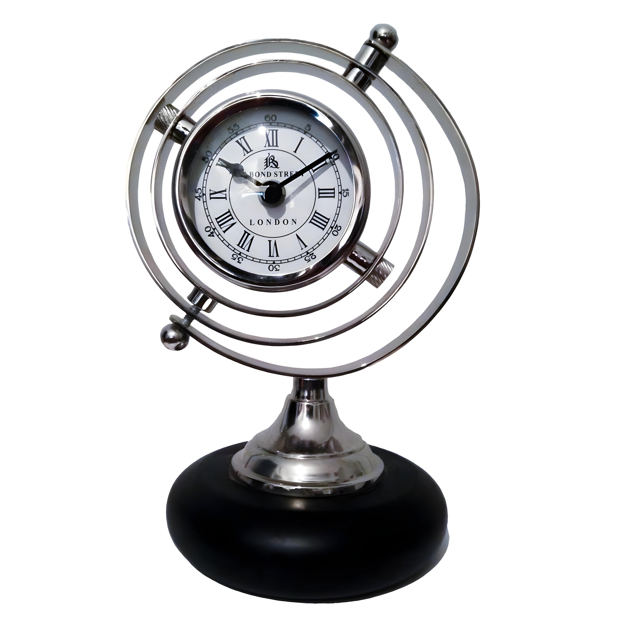 Shiny Silver Plated Bond Street Decorative Globe Clock on Black Base
