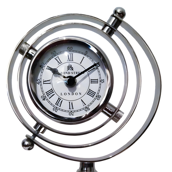 Shiny Silver Plated Bond Street Decorative Globe Clock on Black Base