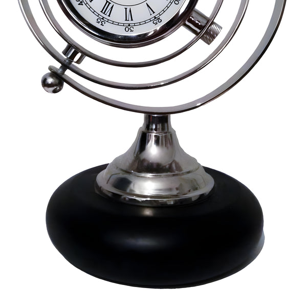 Shiny Silver Plated Bond Street Decorative Globe Clock on Black Base