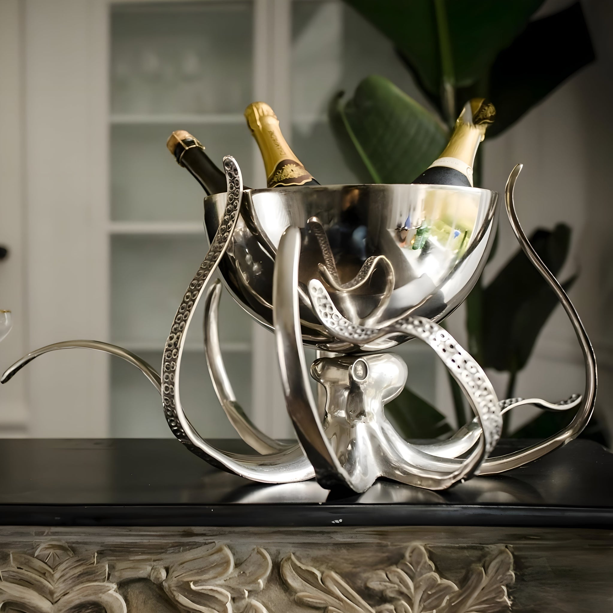Large Shiny Silver Plated Octopus Stand & Bowl Champagne & Wine Ice Cooler