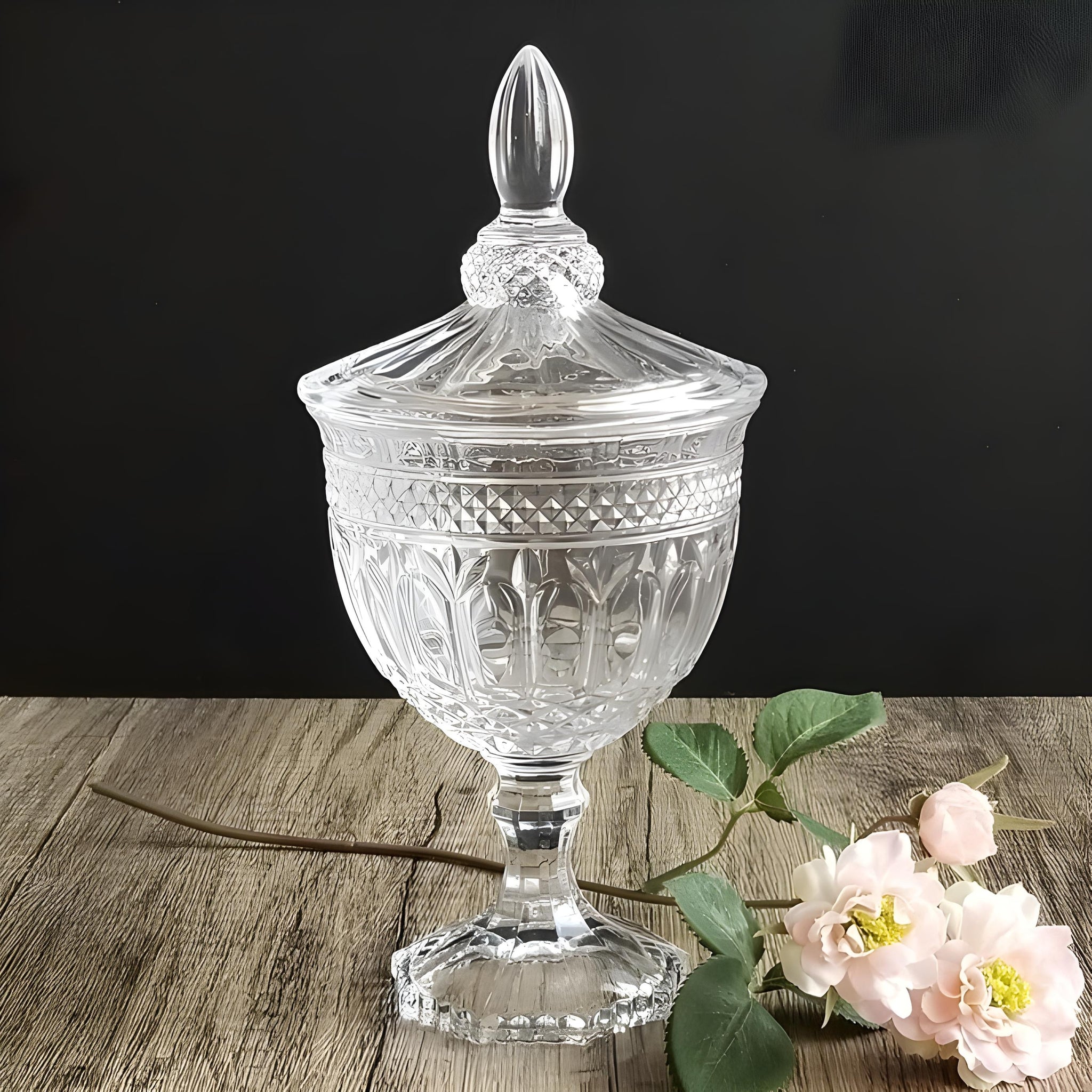 Crystal Cut Glass Etched Goblet Decorative Jar with Lid