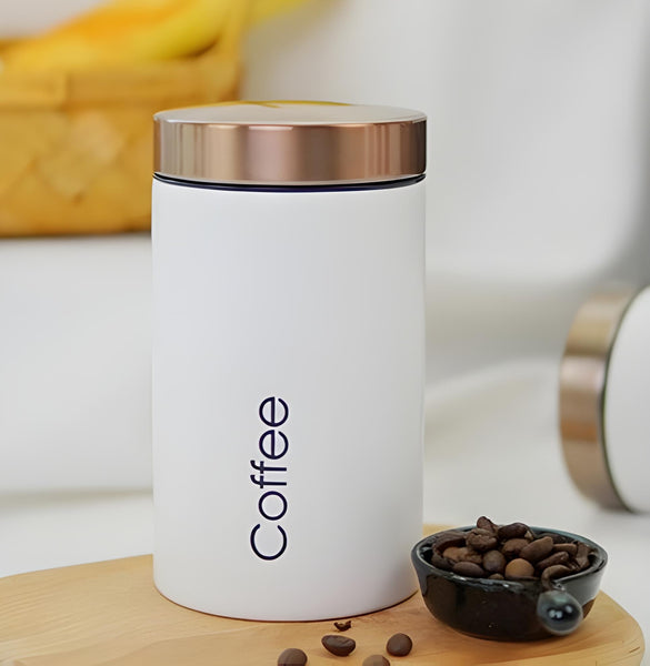 Set 3 White & Rose Gold Lid Metal Kitchen Canisters- Coffee Tea Sugar