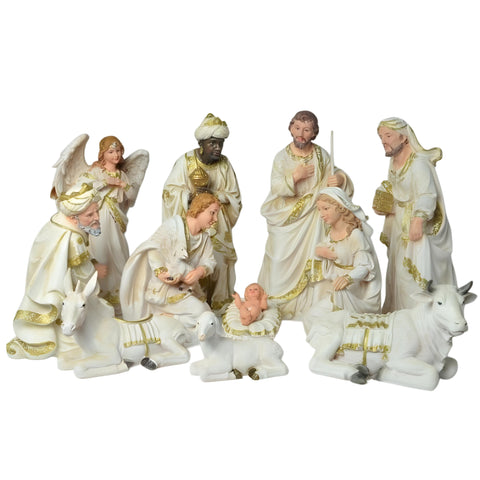 11 Piece Large Christmas Nativity Scene White & Gold Figurines Display Set- 45cm