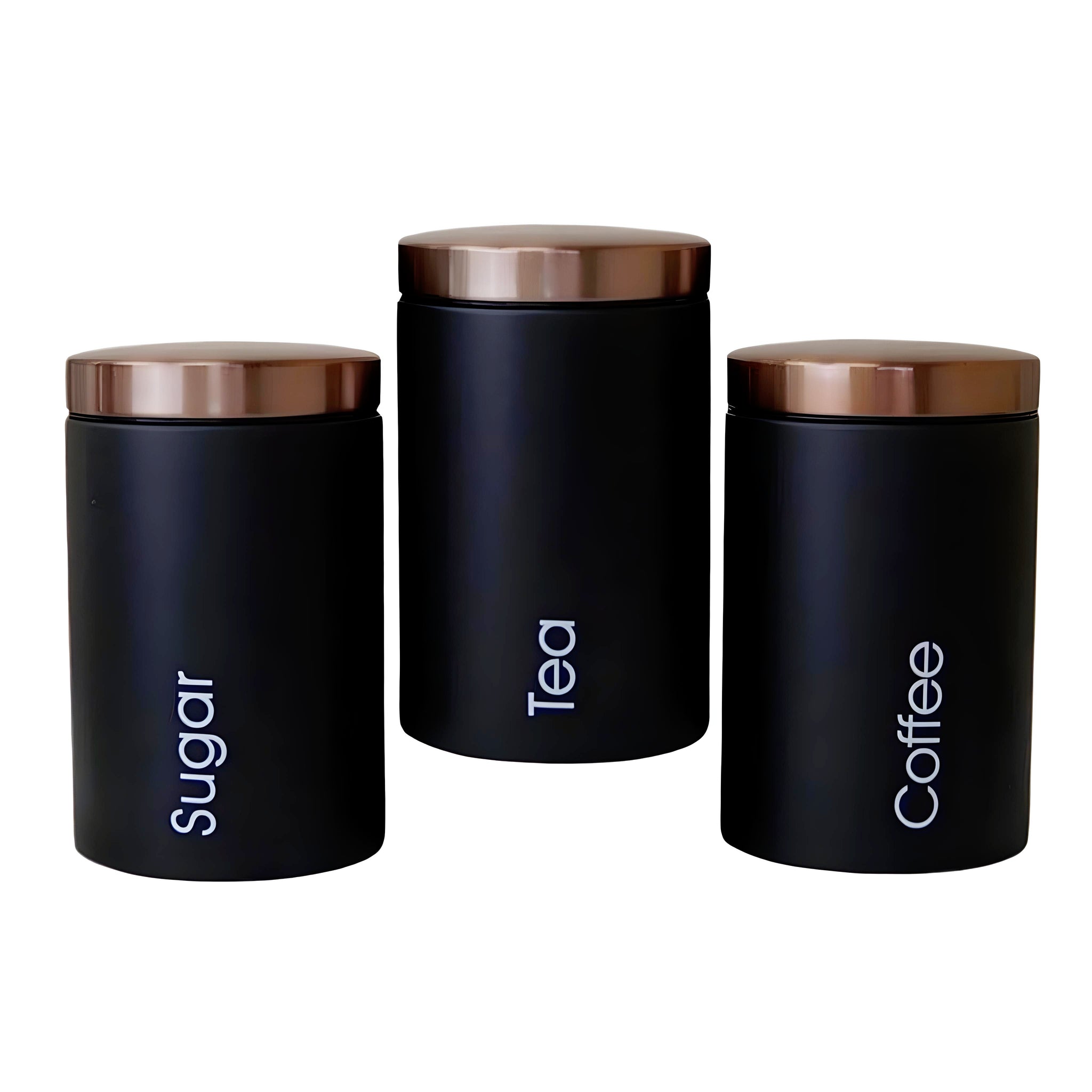 Set 3 Black & Rose Gold Lid Metal Kitchen Canisters- Coffee Tea Sugar