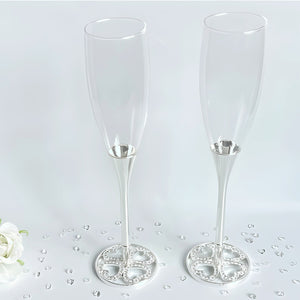 Set 2 Silver Champagne Glass Flutes & Crystal Diamante Hearts Base