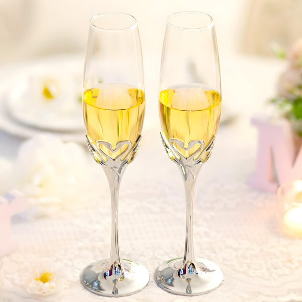 Set 2 Silver Champagne Glass Flutes & Crystal Diamante Swan Hearts