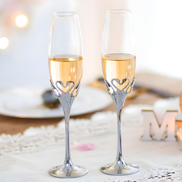 Set 2 Silver Champagne Glass Flutes & Crystal Diamante Swan Hearts