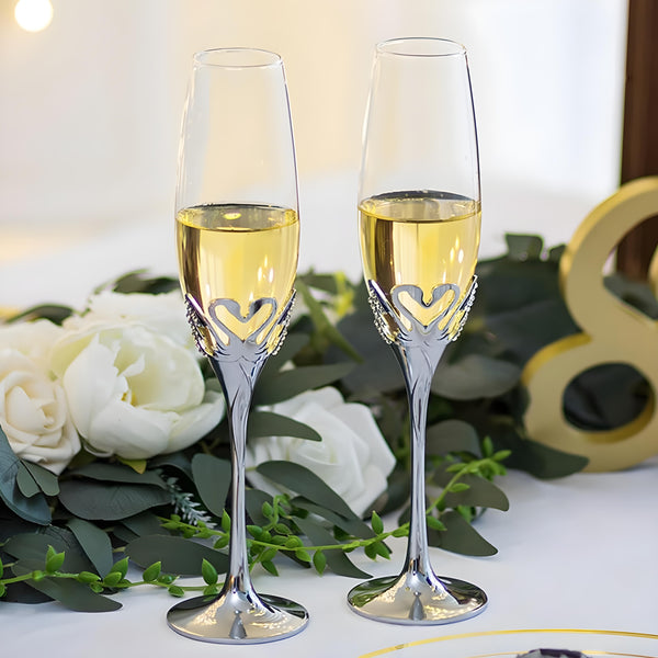 Set 2 Silver Champagne Glass Flutes & Crystal Diamante Swan Hearts