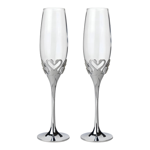 Set 2 Silver Champagne Glass Flutes & Crystal Diamante Swan Hearts