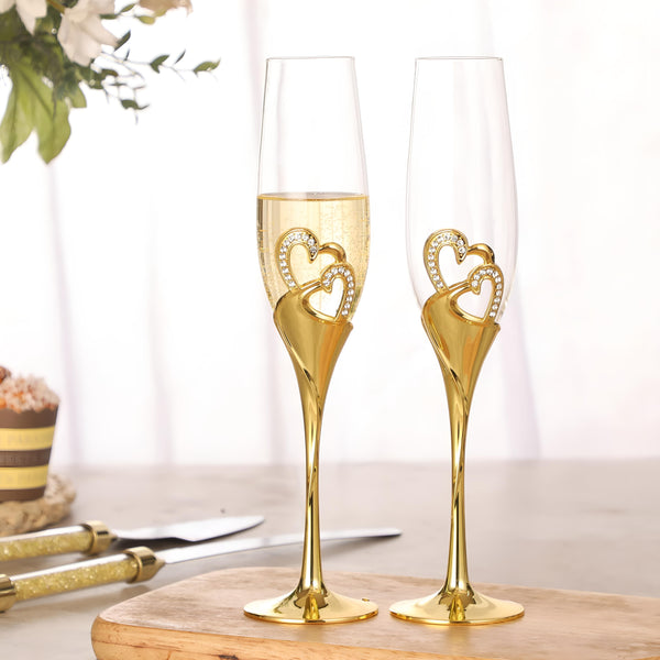 Set 2 Gold Champagne Glass Flutes & Binding Crystal Diamante Double Hearts