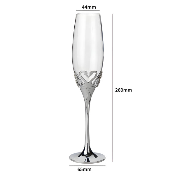 Set 2 Silver Champagne Glass Flutes & Crystal Diamante Swan Hearts