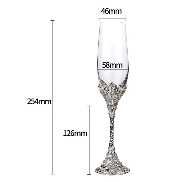 Set 2 Silver Royal Champagne Glass Flutes with Crystal Diamantes on Stems & Base