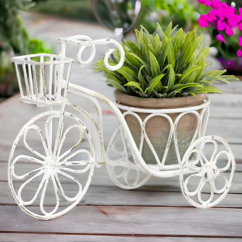 Small Distressed White Decorative Bicycle Garden Pot Plant Holder with Basket