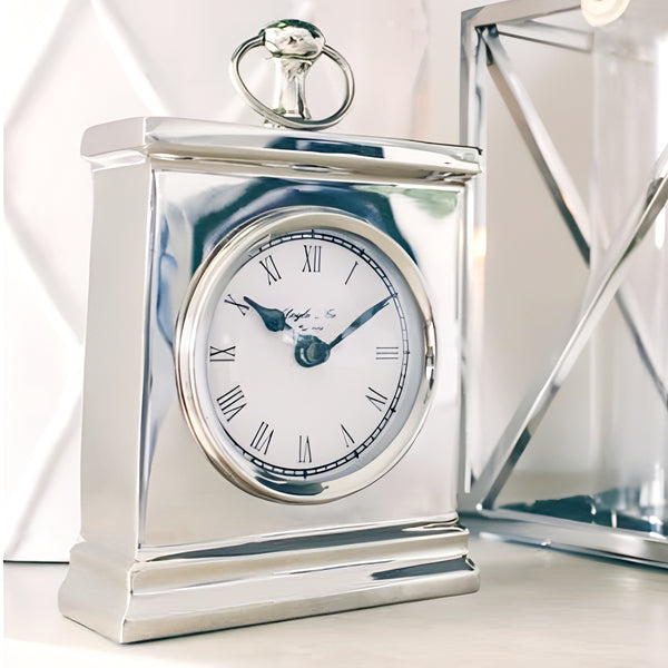 Shiny Silver Plated Rectangle Mantel Clock with White Face