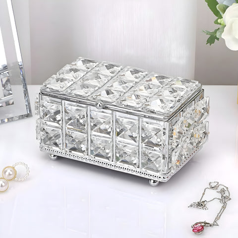 Silver Rectangle Jewellery Box & Sparkling Bevelled Glass Crystal Jewels