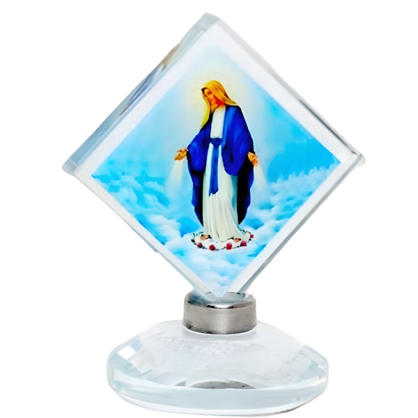 Catholic Blessed Holy Mother Mary Icon On Diamond Crystal Cut Glass Plaque Stand Ornament
