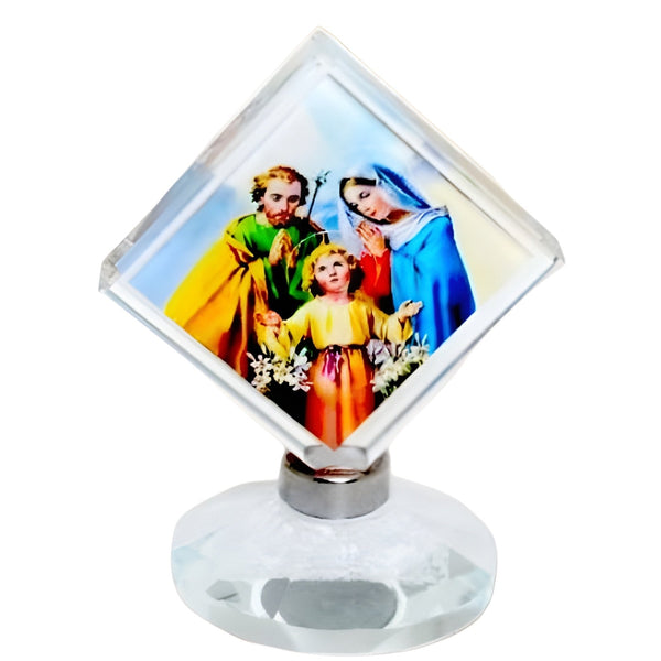 Catholic The Holy Family Icon On Diamond Crystal Cut Glass Plaque Stand Ornament
