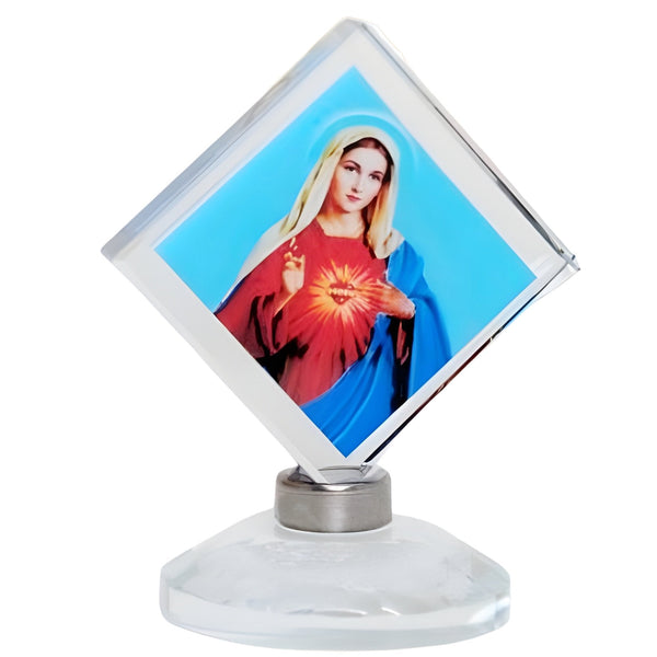 Catholic Sacred Heart Mother Mary Icon On Diamond Crystal Cut Glass Plaque Stand Ornament
