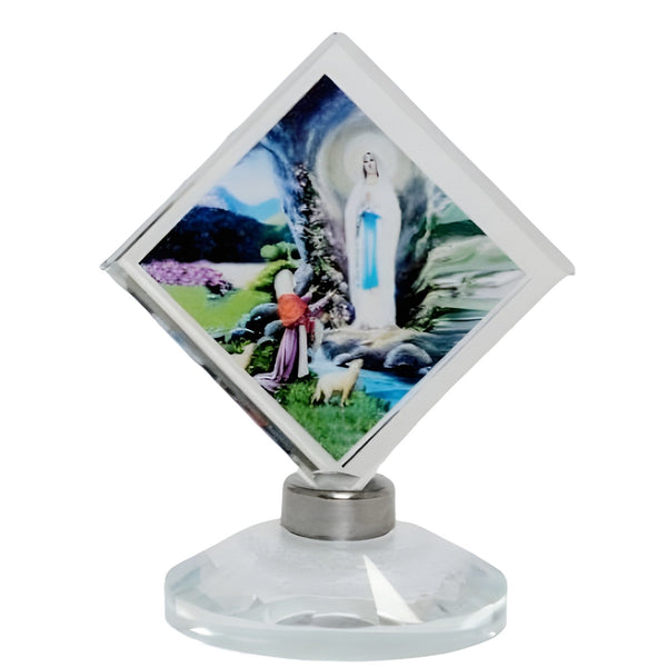 Catholic Our Lady Of Lourdes Icon On Diamond Crystal Cut Glass Plaque Stand Ornament