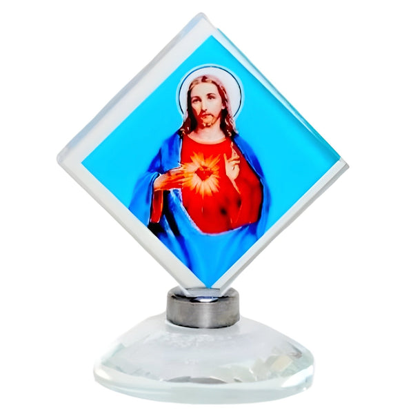 Catholic Sacred Heart Jesus Christ Icon On Diamond Crystal Cut Glass Plaque Stand Ornament