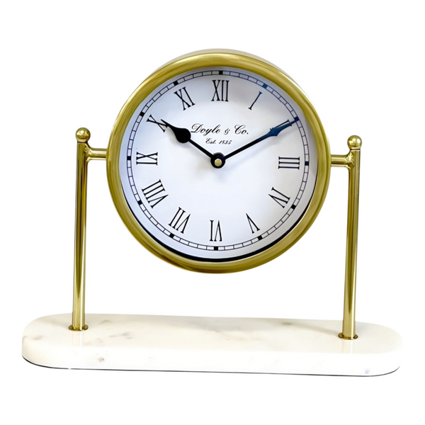 Gold Round Mantel Clock On White Marble Base