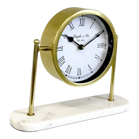Gold Plated Round Mantel Clock On White Marble Base