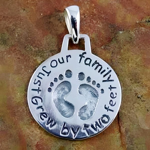 Round Sterling Silver Baby Footprints Pendant Jewellery 'Our Family Just Grew By Two Feet'