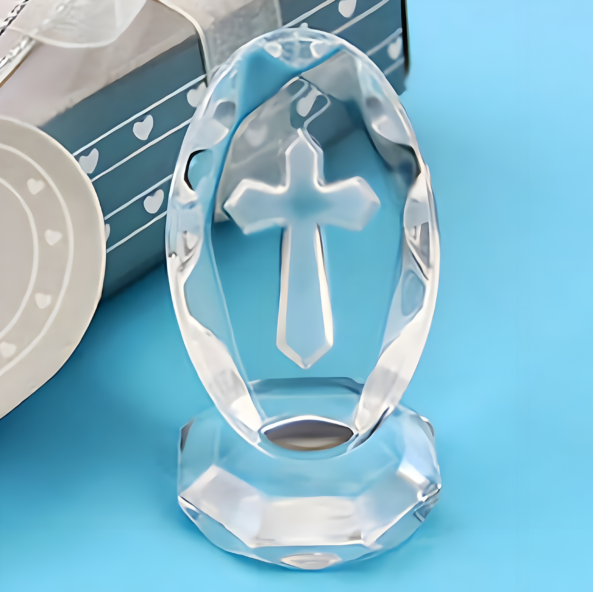 Clear Crystal Cut Glass Oval Religious Cross on Stand Ornament