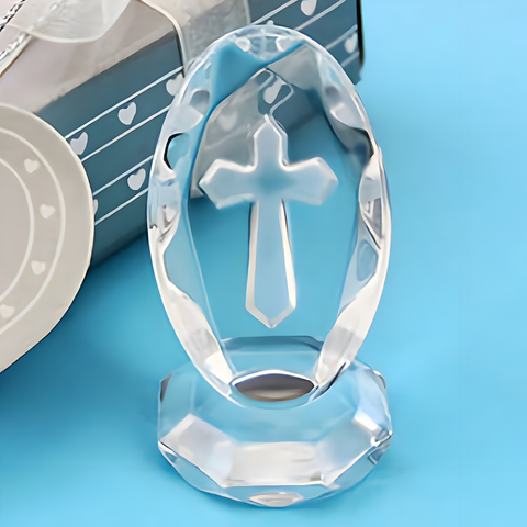 Clear Crystal Cut Glass Oval Religious Cross on Stand Ornament