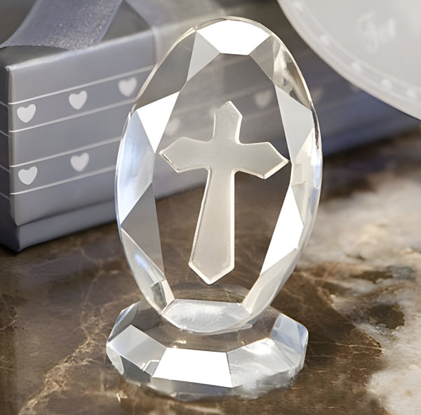 Clear Crystal Cut Glass Oval Religious Cross on Stand Ornament