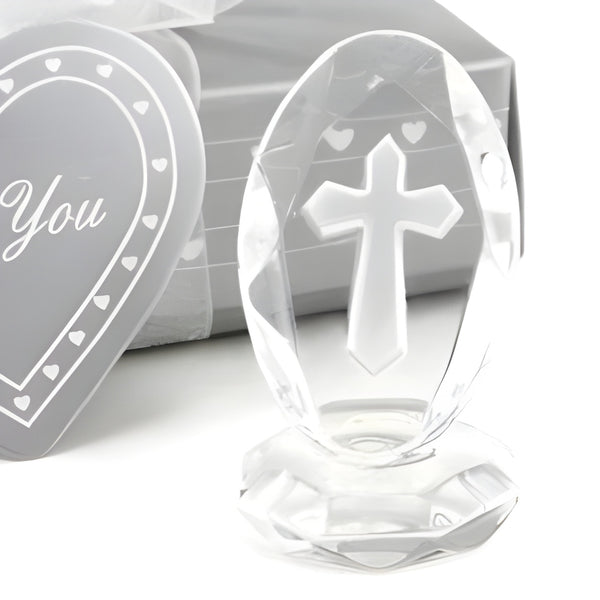 Clear Crystal Cut Glass Oval Religious Cross on Stand Ornament