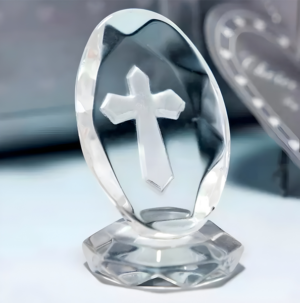 Clear Crystal Cut Glass Oval Religious Cross on Stand Ornament