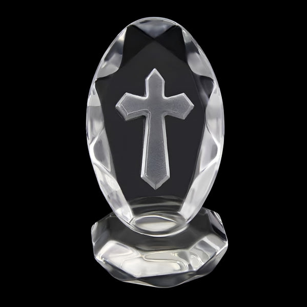 Clear Crystal Cut Glass Oval Religious Cross on Stand Ornament