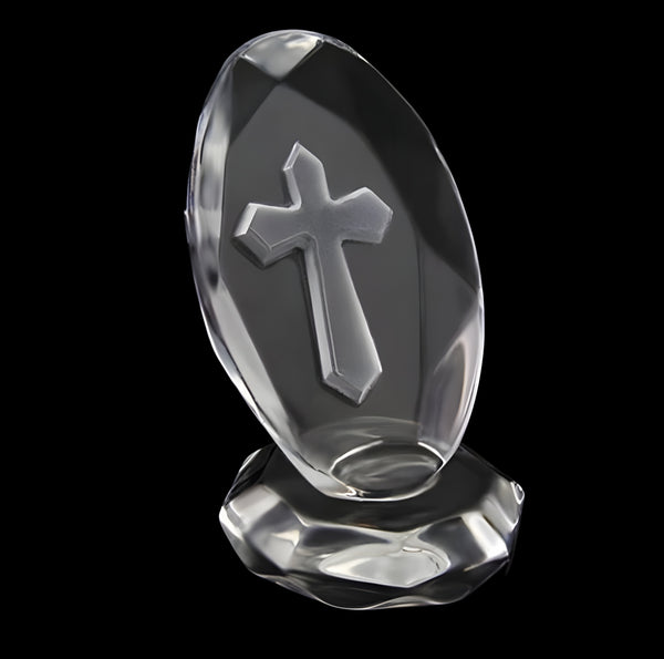 Clear Crystal Cut Glass Oval Religious Cross on Stand Ornament