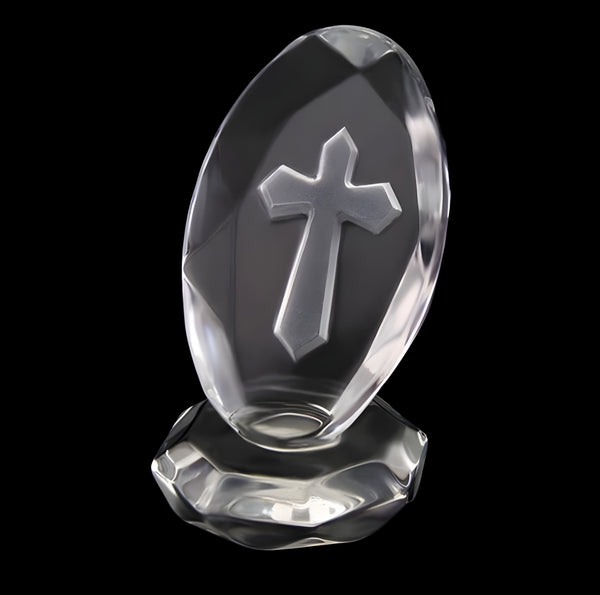 Clear Crystal Cut Glass Oval Religious Cross on Stand Ornament