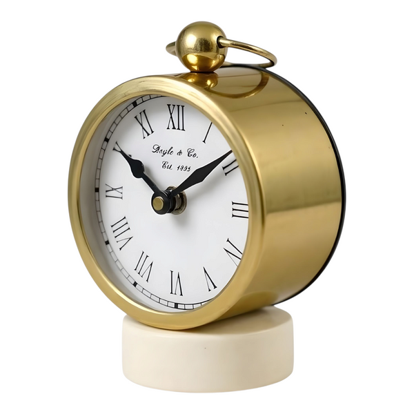 Gold Plated Round Mantel Clock On White Marble Base