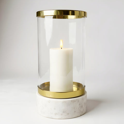 Gold Brass Trim Glass Top Hurricane Pillar Candle Holder On White Marble Base