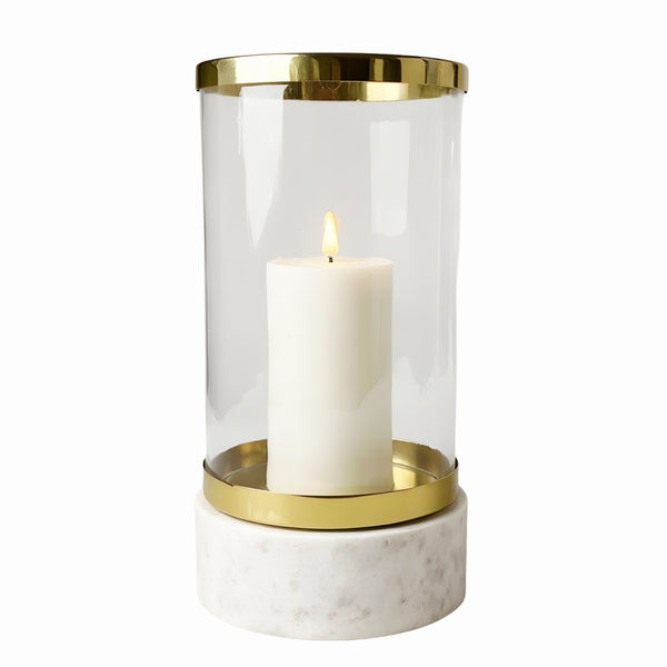 Gold Brass Trim Glass Top Hurricane Pillar Candle Holder On White Marble Base