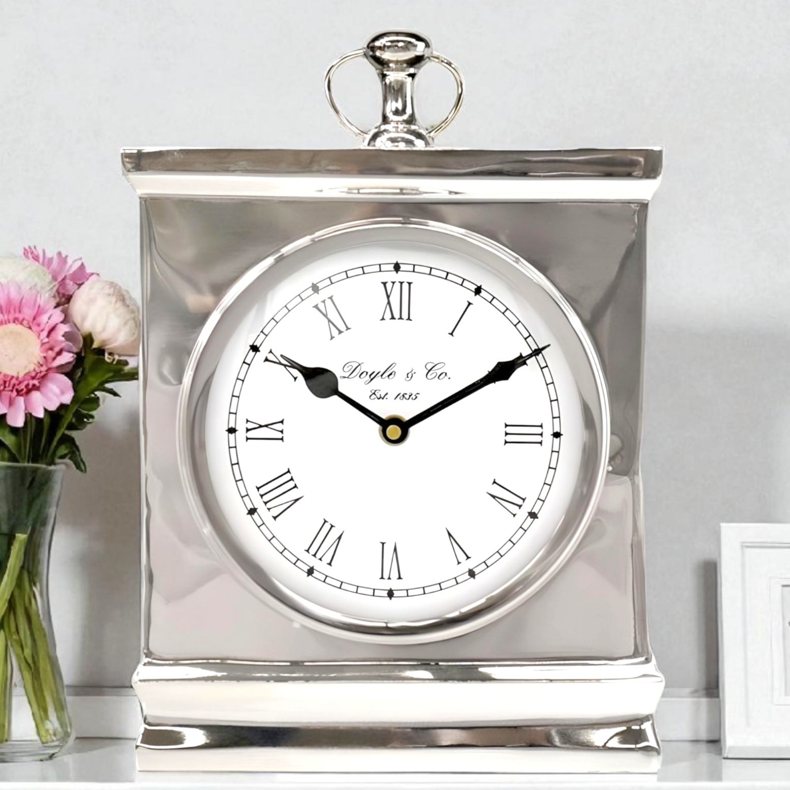 Large Shiny Silver Plated Rectangle Mantel Clock with White Face