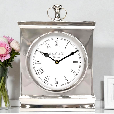 Large Shiny Silver Plated Rectangle Mantel Clock with White Face