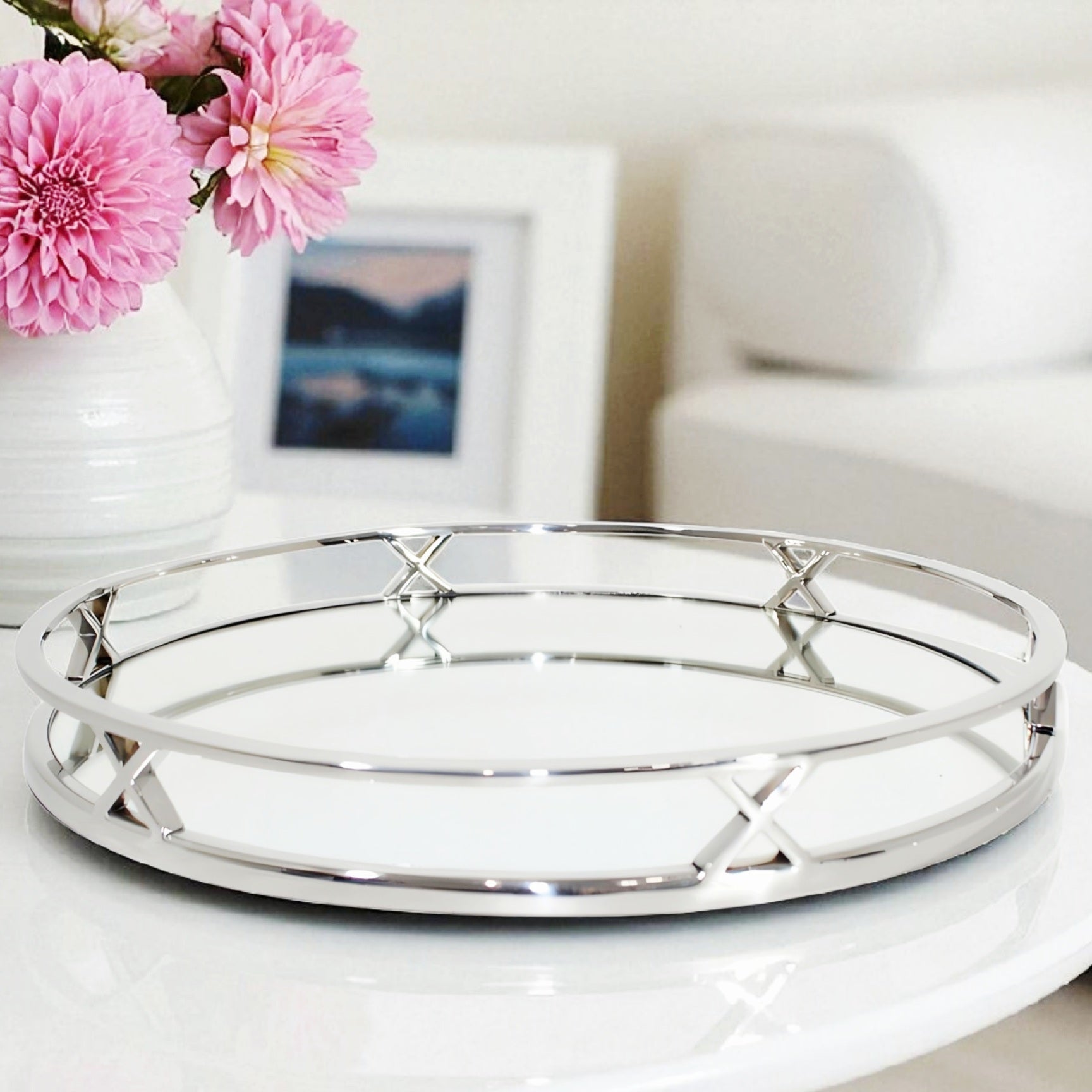 Silver Plated Round Ten X Decorative Deluxe Mirror Tray